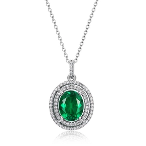 Vintage S925 silver necklace with emerald pendant and double halo crystal setting