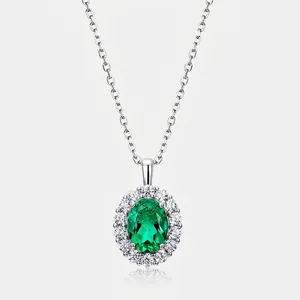 Vintage 925 Sterling Silver Lab Grown Emerald Pendant Necklace For Women Luxurious Geometric Zirconia Inlaid Jewelry Gift