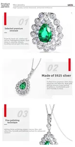 Macro detail of pear-cut emerald pendant with S925 silver polishing and diamond setting