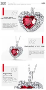 Detailed macro view of S925 silver heart pendant with red carbon diamond and white gems