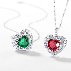 S925 sterling silver heart-shaped emerald and ruby pendant necklace with halo zircons