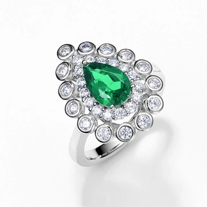 Luxurious S925 silver ring featuring a pear-cut emerald gemstone with double halo stones
