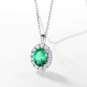 Elegant S925 sterling silver necklace with oval emerald pendant and halo diamonds