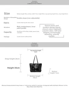 Detailed size specifications for large black tote bag showing 44cm length and dimensions