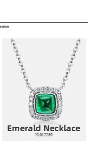 Detailed view of square emerald necklace pendant with diamond halo on silver chain