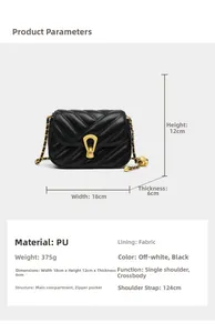 Paramètres de taille détaillés du sac matelassé noir avec boucle dorée et chaîne