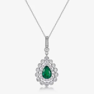 Vintage 925 Sterling Silver Synthetic Emerald Teardrop Pendant Necklace Luxurious Water Drop Rhinestone Double Halo Jewelry For Women