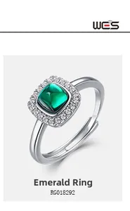 Detail shot of square emerald ring with adjustable silver band, item model RG018292