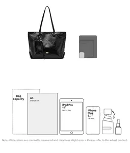 Detail view of large black tote bag capacity with a matching small accessory pouch