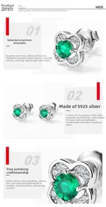 Macro detail of S925 silver emerald stud earrings with hand-set flower pattern stones