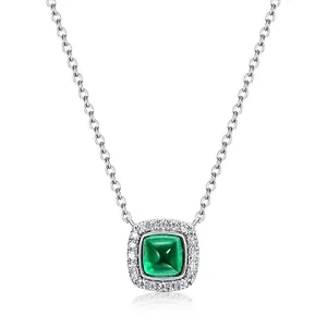 Collier Vintage en Argent Sterling 925 avec Émeraude pour Femme Pendentif Carré en Pierre Précieuse et Strass Bijoux Cadeau
