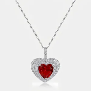 925 Sterling Silver Heart Shaped Lab Grown Ruby Sapphire Pendant Necklace Double Halo Zirconia Elegant Fashion Jewelry For Women