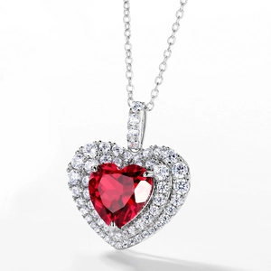 Luxurious S925 silver heart necklace with red gemstone and double halo diamonds