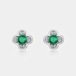 S925 Sterling Silver Lab Grown Emerald Stud Earrings Vintage Four Leaf Clover Zirconia Earrings For Women Luxury Jewelry Gift