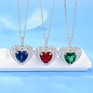 S925 sterling silver heart-shaped gemstone necklaces in red, blue, and emerald colors