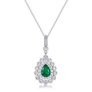 Elegant pear-cut emerald pendant with halo diamonds on polished silver chain