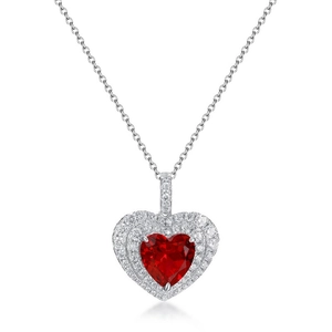 Luxurious S925 silver heart halo pendant necklace with a ruby red stone and white zircons