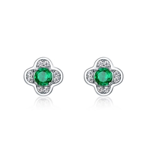 Elegant S925 silver flower stud earrings featuring emerald green gemstones and diamonds