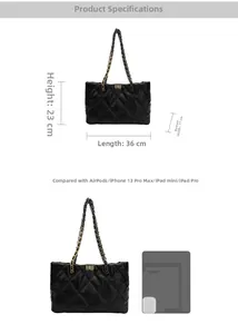 Quilted tote bag dimensions showing 36x23x11cm size and classic chain strap details