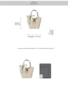 Size dimensions and scale comparison of beige leather bucket bag with silk scarf