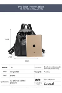 Detailed size chart of vintage black PU leather backpack with an iPad for scale