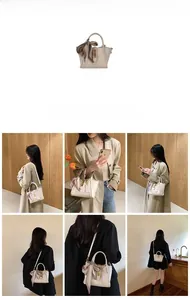 Détail du sac cabas beige avec foulard à carreaux et photos du modèle en extérieur