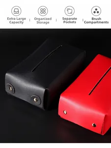 Detail view of stylish leather tissue box with metal rivets and premium surface texture