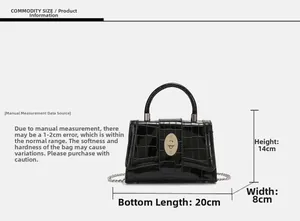 Tabella taglie borsa a tracolla nera motivo coccodrillo con dimensioni di 20x14x8 cm