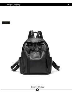 Macro view of vintage black PU leather backpack with lychee grain and dual zippers