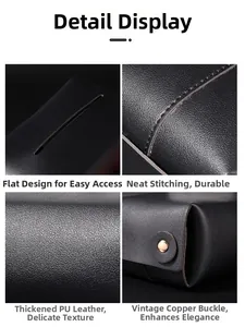 Detailed views of black PU leather tissue box with precision stitching and bronze snaps