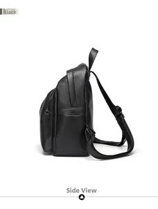 Side view of black faux leather backpack with litchi texture and adjustable straps