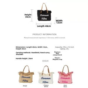 Detailed dimension guide for the large canvas tote bag with Summer Vibes embroidery