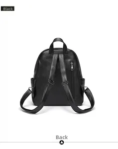 Rear view of black vintage leather backpack with adjustable straps and hidden zip pocket