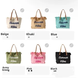 Detailed grid of canvas tote bags in six colors featuring Summer Vibes embroidery and fringe