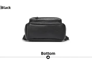 Detailed bottom view of a large black vintage leather backpack with stitching details