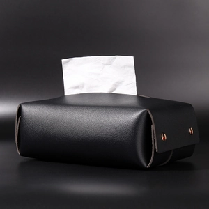 Minimalist black PU leather tissue box holder with lychee texture and gold metal studs