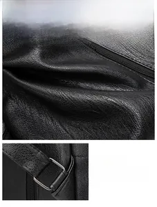 Close-up of soft black lychee grain leather backpack with high-quality metal hardware
