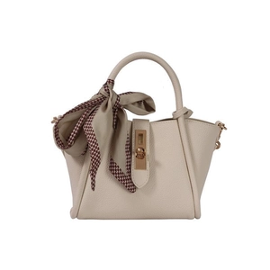 Sac fourre-tout blanc crème avec texture litchi et foulard pied-de-poule au manche