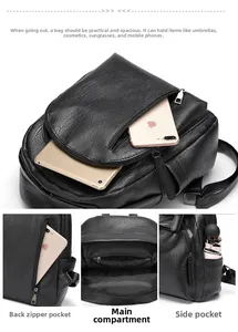 Detailed internal compartments of a black pebble leather backpack for iPad and storage