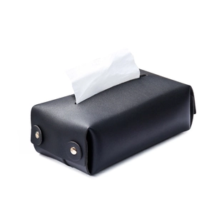 Modern black PU leather tissue box holder with metal buttons and waterproof finish