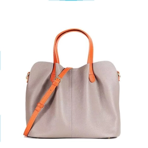 Minimalist grey and orange large capacity leather tote bag with crossbody strap