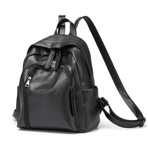 Women Fashion PU Leather Backpack Large Capacity Multi Pocket Solid Color Casual Travel Daypack Black