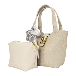 Beige Boston bucket bag with litchi grain leather, silk scarf and inner pouch