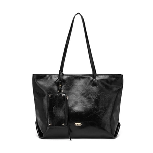 Chic black glossy faux leather tote bag with small zipper pouch for women