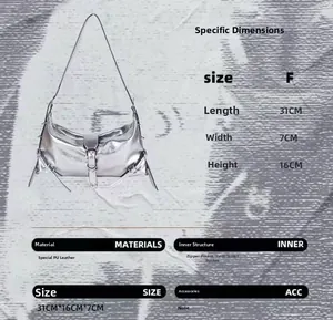 Detailed size chart for silver metallic shoulder bag with dimensions and PU material info