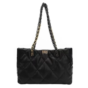 Quilted faux leather tote bag with elegant metallic chain straps and golden turn-lock closure