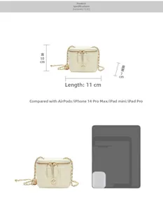 Detailed dimensions of beige quilted mini bag with gold chain and Medusa logo