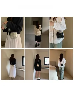 Quilted mini box bag with chain strap and flower buckle shown on model in various outfits