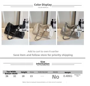 Size chart showing PU leather tote bag dimensions and black, cream, silver options