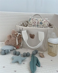 Close-up of canvas diaper bag with cute bear embroidery and quilted floral pouch